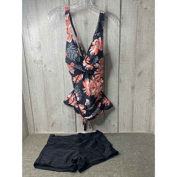 Womens Large Floral Tankini Swimsuit 2 pc Set With Boyshorts Black & Coral - Picture 2 of 9